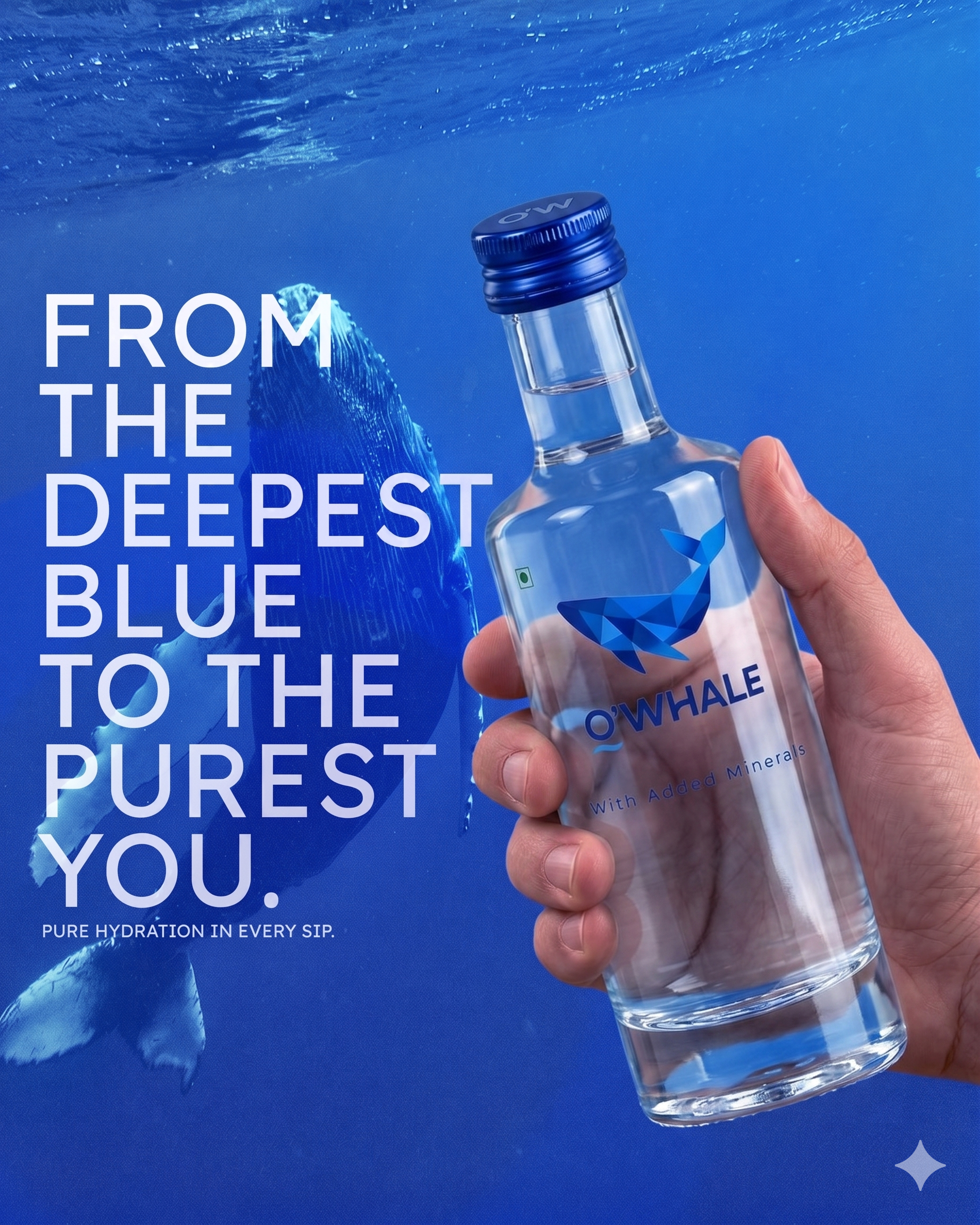 O'WHALE 500ml glass bottle held beneath the ocean surface