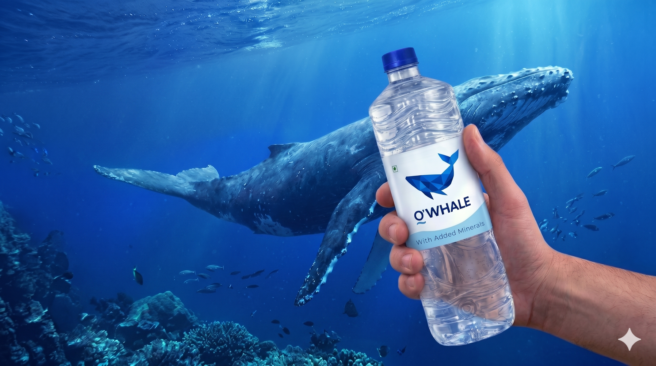 O'WHALE bottle held beneath the ocean surface beside a whale